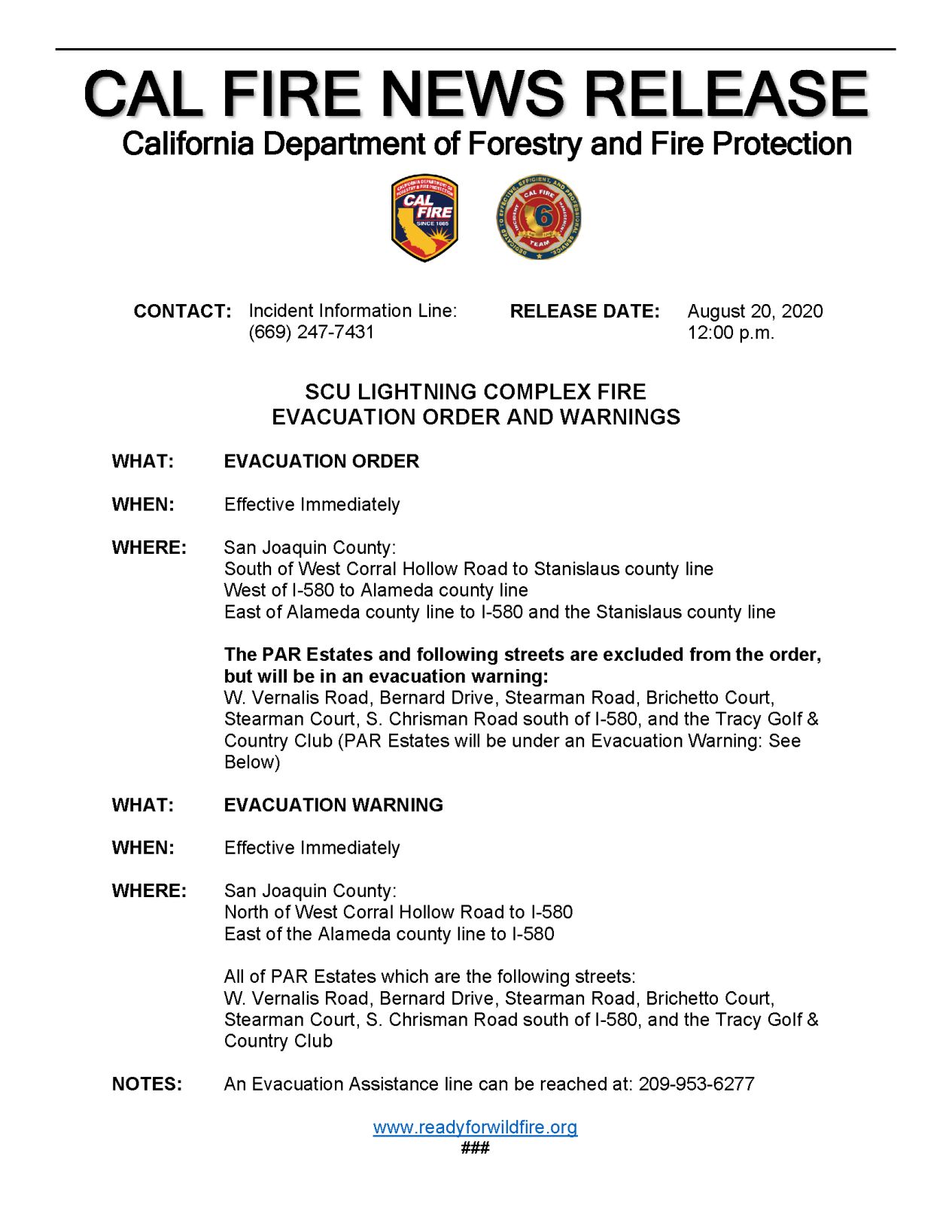 Cal Fire News Release: Evacuation near Tracy